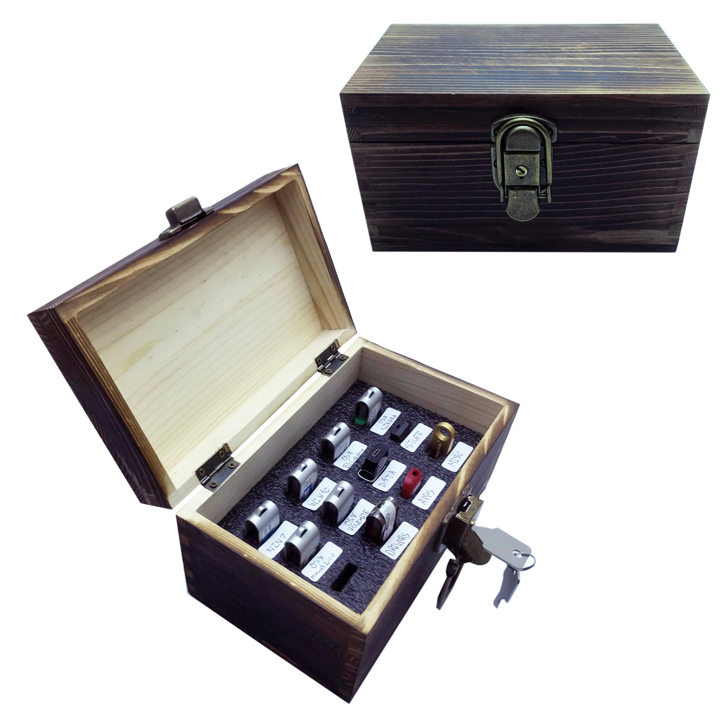 Portable USB Drive Organizer Case - Wood - Key Lock - 12 slots